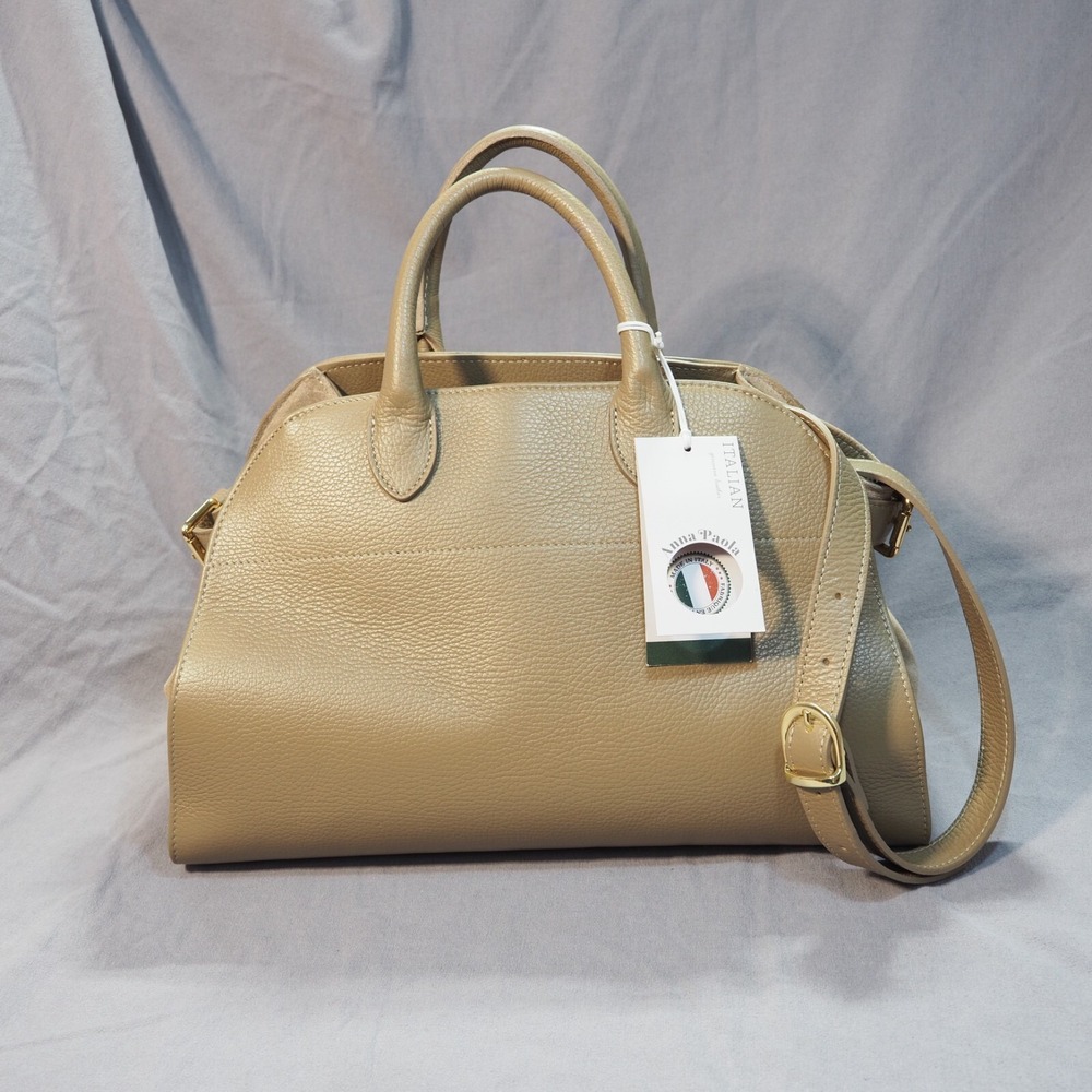 Anna Paola Riva Taupe Italian Pebbled Leather Handbag Satchel Crossbody Purse
